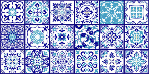 Collection of 18 ceramic tiles in turkish style. Seamless colorful patchwork from Azulejo tiles. Portuguese and Spain decor. Islam, Arabic, Indian, Ottoman motif. Vector Hand drawn background - 368064490