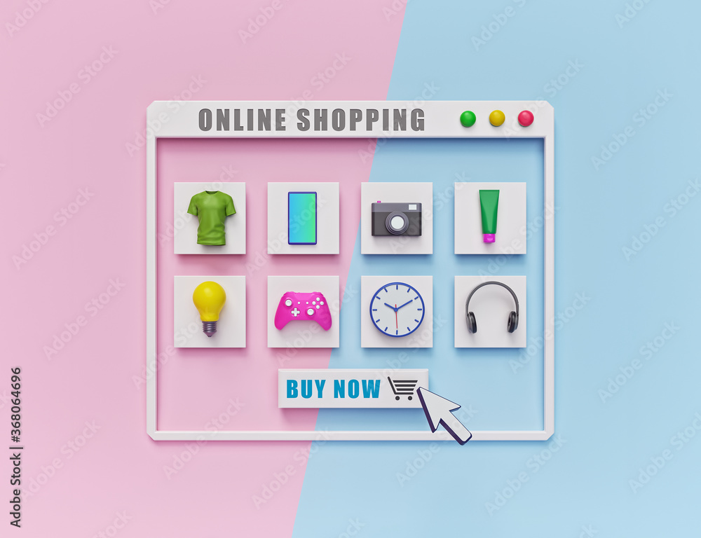 Poster modern online shopping concept with web page and products. minimal design. 3d rendering