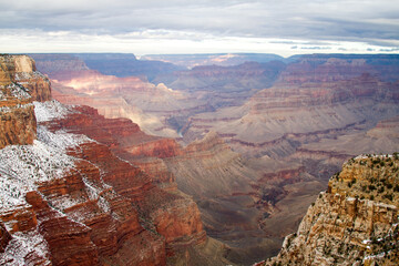 View of the Grand Canyon with snow in the foreground, from the south rim, Grand Canyon National Park, Arizona.