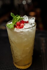 Summer lemonade with cranberries and orange garnished with mint on the bar
