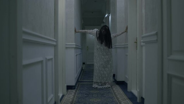 Possessed female zombie in haunted hotel, dangerous spirit of woman, exorcism