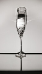 transparent insulated glass glass with liquid and bubbles on a white background with a contrasting shadow close up