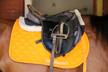 Photo of old leather saddle with stirrups