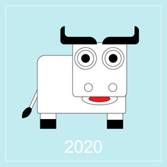 Surprised white bull in flat style on light blue background