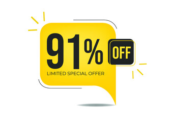 91% off limited special offer. Banner with ninety-one percent discount on a yellow square balloon.