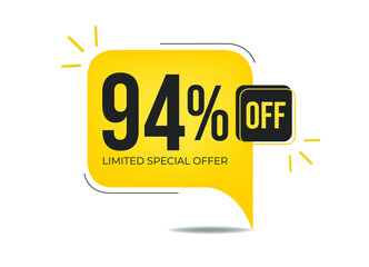 94% off limited special offer. Banner with ninety-four percent discount on a yellow square balloon.