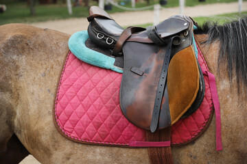 Photo of old leather saddle with stirrups