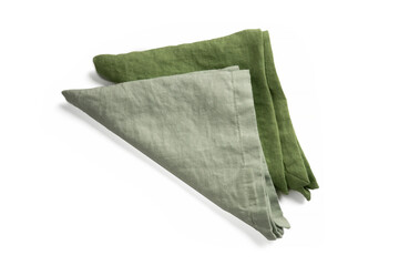Two green linen organic raw cotton serving napkin or kitchen towelette or towel triangle form folded. Rough texturized cloth fabric isolated on white background. Table setting tissue top view