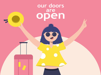 Our door are open. Tourist invitation advertising. Happy girl is going on a trip with suitcase and sunglasses. Vector banner for travel company, hotel, resort