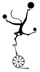 Cartoon monkey on the unicycle juggles the balls illustration. Funny monkey balances on the unicycle one hand head over heels and juggles the balls black on white illustration  © bigmen