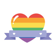 lgbtq community pride, rainbow heart ribbon emblem parade celebration isolated icon design