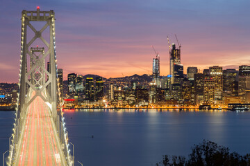 Aerial view of San San Francisco Bay Bridge and waterfront. Treasure Island, San Francisco,...