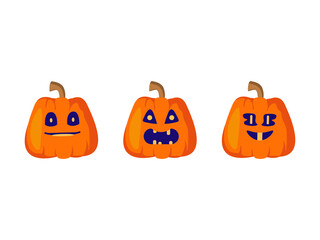 Halloween pumpkins with funny faces. Isolated on white background flat vector. Jack's Lantern for postcards, invitations, labels, packaging, price tags for Halloween celebrations.