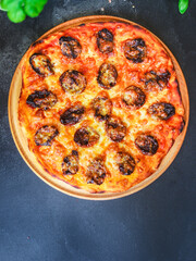 pizza salami sausages cheese classic recipe sauce fast food Takeaway serving size. food background top view copy space 