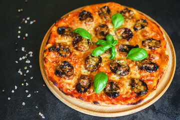 pizza salami sausages cheese classic recipe sauce fast food Takeaway serving size. food background top view copy space 