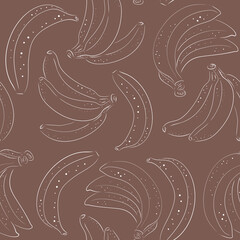 Hand drawn seamless pattern of isolated banana.Delicious tropical vegetarian objects. Brown and chocolate color background. Lline. Fruit textile