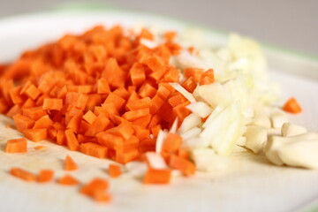 Diced carrot, onion and garlic. Making Lasagna Bolognese Series.