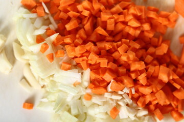 Diced carrot, onion and garlic. Making Lasagna Bolognese Series.