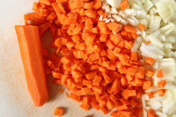 Diced carrot, onion and garlic. Making Lasagna Bolognese Series.