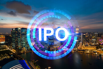 Hologram of IPO glowing icon, sunset panoramic city view of Singapore. The financial hub for...