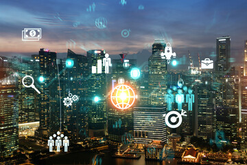 Fototapeta na wymiar Hologram of Research and Development glowing icons. Sunset panoramic city view of Singapore. Concept of innovative technologies to create new services and products in Asia.