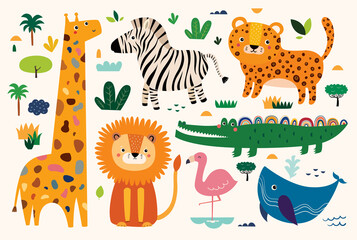 Naklejka premium Cute vector cartoon animals. Childish pattern 