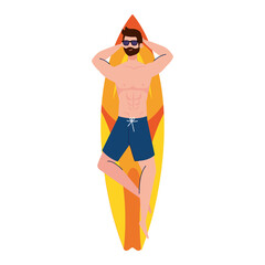 man in shorts, lying down on surfboard, summer vacation season vector illustration design