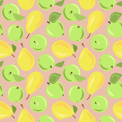 Seamlesss pattern with hand drawn cartoon style yellow pears and green apples on white background. Outline. For textile, paper, fabric. For kitchen and kids.