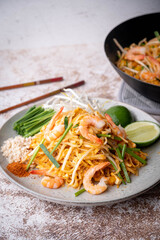 pan fried shrimp pad thai with lime