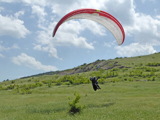 Paraglider landing wing in a meadow