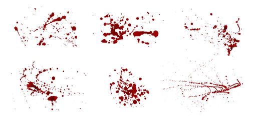 Set of realistic bloody splatters. Drop and blob of blood. Bloodstains. Vector illustration isolated on white background. Red puddles	