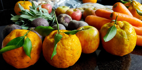 A small variety of fruits and vegetables that have just arrived from the organic fair.