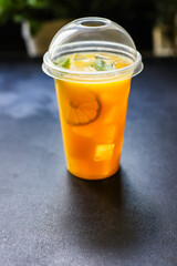 orange juice drink or lemonade citrus mandarin mint transparent beverage glass cup takeaway drink serving size food background top view copy space organic healthy eating