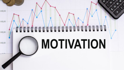 Business concept, calculator, motivation is written in a notebook, evro money. Analyzing finance report with calculator. Business graph background.