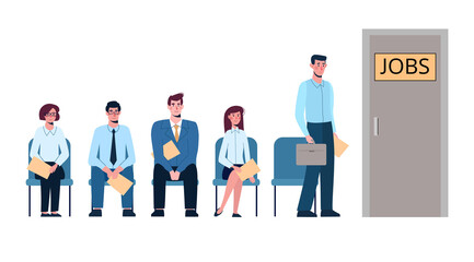 Competition of people for jobs, queue for an interview. Unemployment, crisis, .job search. Vector illustration, flat isolated. Business people want to get a job