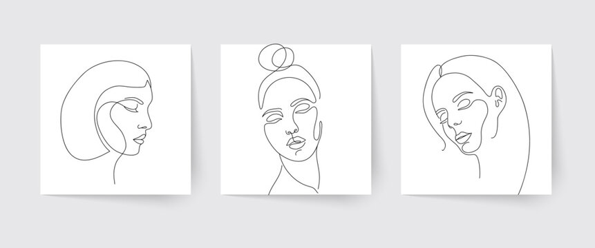Set of stylized woman faces and hairstyles. Modern single line art. Woman beauty fashion concept, minimalistic style.