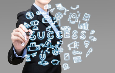 Young Smart business woman is writing success business idea concept present by icon symbol element. Elegant Design for smart business, business idea and technology concept