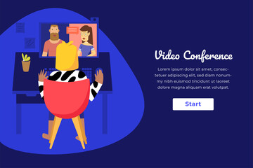 Web template dark mode design. Home working woman making video conference.