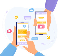 Two people chatting online on a mobile app with close up views of their hands and the screens, colored vector illustration