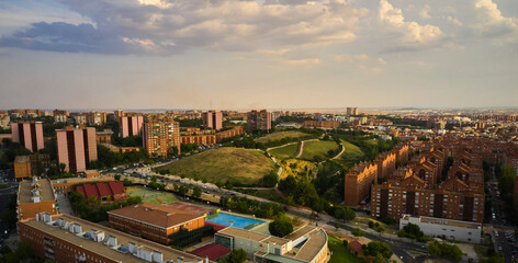 Panoramic view of Tio Pio Park, Vallecas. Sunset.