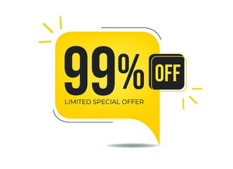 99% off limited special offer. Banner with ninety-nine percent discount on a yellow square balloon.