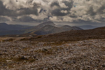 View from Muckish mountain looking at Aghla Beg, Aghla More and Errigal mountains in the Derryveagh mountain range north west Donegal, Wild Atlantic Way, Ireland
