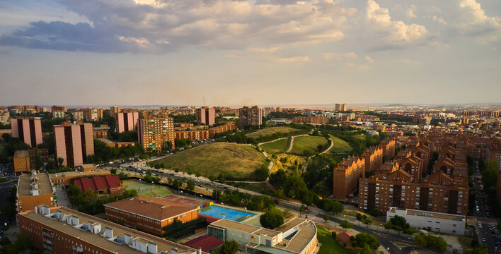 Panoramic view of Tio Pio Park, Vallecas. Sunset.