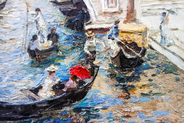 Fototapeta na wymiar Urban Landscape depicting the old Venice, with its beautiful decorated buildings, shuttered windows, water channel with a picturesque bridge and gondolas. Oil painting in light colors.