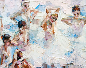 SGroup of ballerinas in white ballet tutus preparing for the performance on stage, under the bright spotlights. Palette knife technique of oil painting and brush, looks very expressive. © Mariia