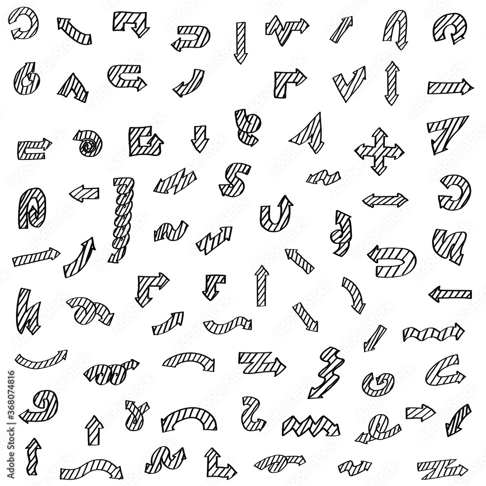 Poster abstract set black collection hand drawn different arrows elements vector design sketch style doodle