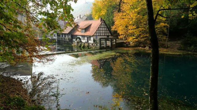 Water Mill at Blautopf Spring, Blaubeuren, Swabian Alb, Baden-Wurttemberg, Germany