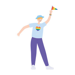 lgbtq community pride, young man with rainbow flag character isolated icon design