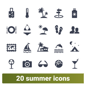 Summer vacation, traveling and tourism icons. Collections of recreation, summer holidays, family trip and sea voyage symbols. Design elements for web and mobile apps. Isolated on white background.