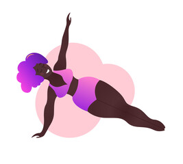 Plus size black curvy lady doing yoga class. Vector illustration isolated on white. Online home workout concept. Body positive. Attractive African American woman. Vasisthasana or Side Plank pose.